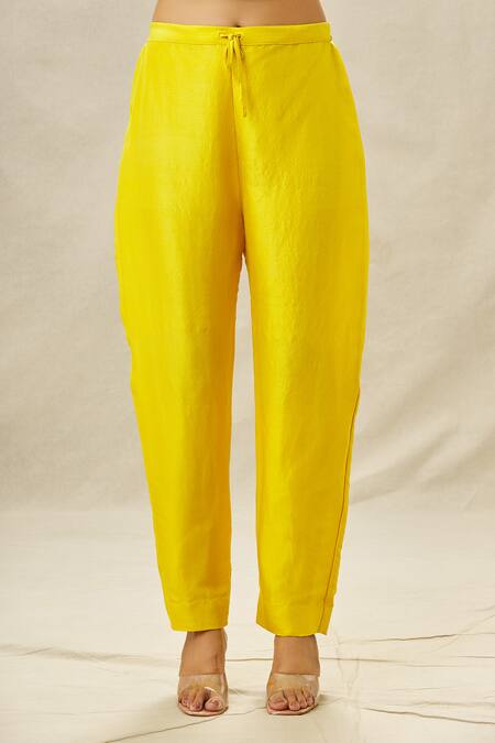 Anamika Khanna_Yellow Cotton, Silk Sequins, Beads, Embroidery Round Neck Thread Kurta Pant Set_at_Aza_Fashions