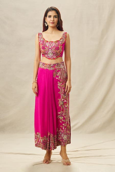 Anamika Khanna Fuchsia Cotton, Silk Sequins, Beads Border Embroidered Cape Draped Skirt Set Online at Aza Fashions Anamika Khanna_Fuchsia Cotton, Silk Sequins, Beads Border Embroidered Cape Draped Skirt Set_Online_at_Aza_Fashions
