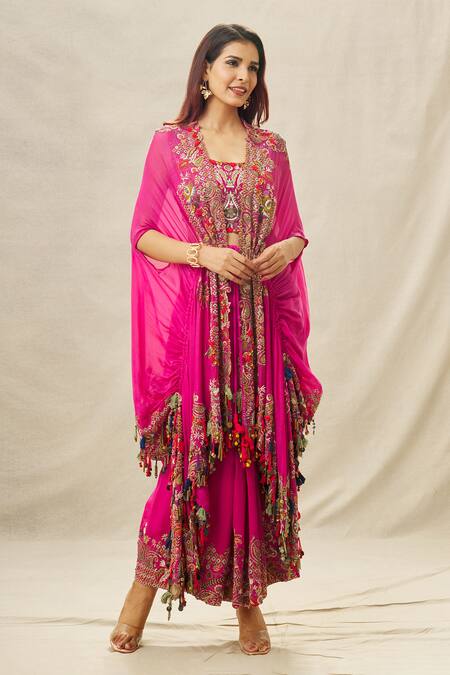 Buy Anamika Khanna Fuchsia Cotton, Silk Sequins, Beads Border Embroidered Cape Draped Skirt Set Online at Aza Fashions Buy_Anamika Khanna_Fuchsia Cotton, Silk Sequins, Beads Border Embroidered Cape Draped Skirt Set_Online_at_Aza_Fashions