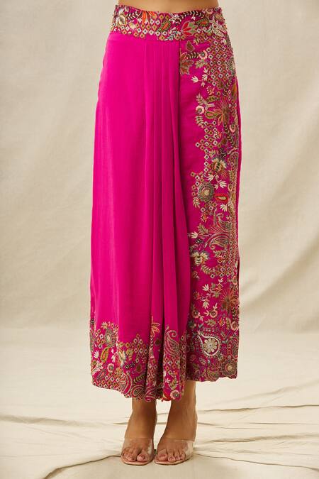 Anamika Khanna Fuchsia Cotton, Silk Sequins, Beads Border Embroidered Cape Draped Skirt Set at Aza Fashions Anamika Khanna_Fuchsia Cotton, Silk Sequins, Beads Border Embroidered Cape Draped Skirt Set_at_Aza_Fashions