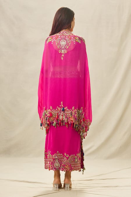 Shop Anamika Khanna Fuchsia Cotton, Silk Sequins, Beads Border Embroidered Cape Draped Skirt Set at Aza Fashions Shop_Anamika Khanna_Fuchsia Cotton, Silk Sequins, Beads Border Embroidered Cape Draped Skirt Set_at_Aza_Fashions