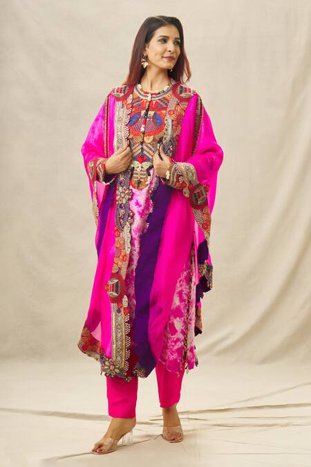 Anamika Khanna_Fuchsia Silk, Organza, Crepe Cut Work, Beads, Tie Dye Embroidered Kurta Set_Online_at_Aza_Fashions