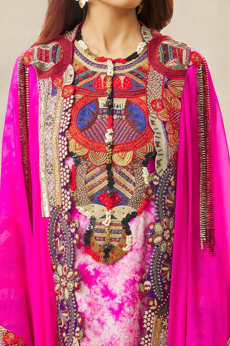 Buy_Anamika Khanna_Fuchsia Silk, Organza, Crepe Cut Work, Beads, Tie Dye Embroidered Kurta Set_Online_at_Aza_Fashions