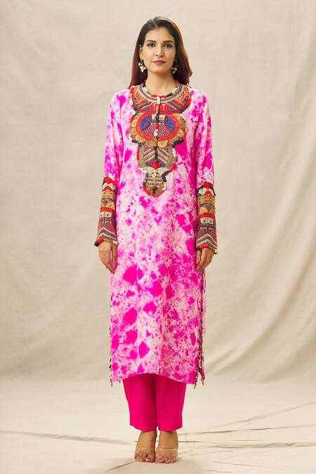 Anamika Khanna_Fuchsia Silk, Organza, Crepe Cut Work, Beads, Tie Dye Embroidered Kurta Set_at_Aza_Fashions
