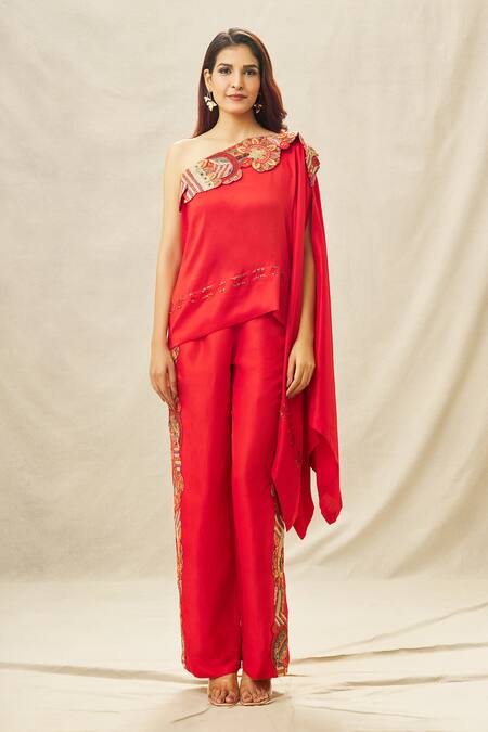 Anamika Khanna_Red Crepe Cut Work, Sequins, Beads Tribal Neckline Embroidered Top And Pant Set_Online_at_Aza_Fashions