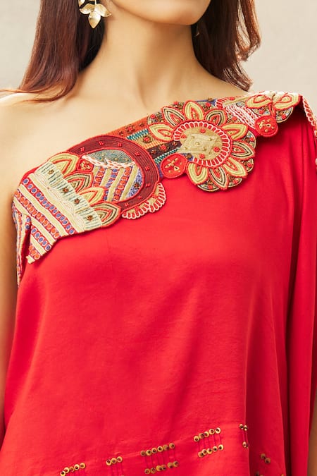 Shop_Anamika Khanna_Red Crepe Cut Work, Sequins, Beads Tribal Neckline Embroidered Top And Pant Set_Online_at_Aza_Fashions