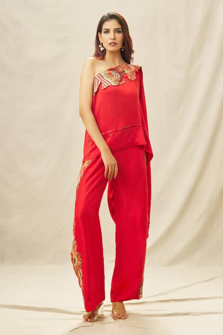 Buy_Anamika Khanna_Red Crepe Cut Work, Sequins, Beads Tribal Neckline Embroidered Top And Pant Set
