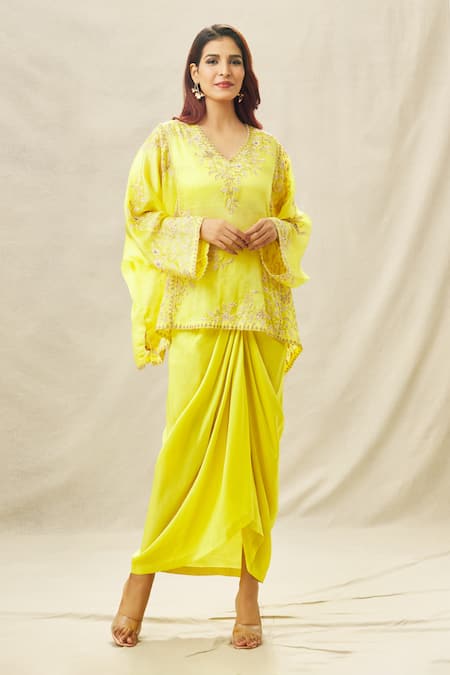 Anamika Khanna Yellow Organza Embroidery Zardozi V Neck Top And Draped Skirt Set 