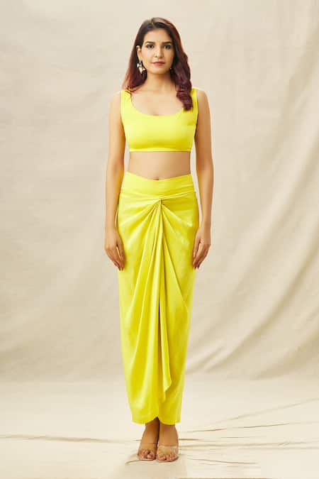 Anamika Khanna_Yellow Silk, Organza Zari, Beads Zardozi Embroidered Top And Draped Skirt Set_Online_at_Aza_Fashions