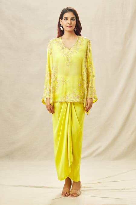 Buy_Anamika Khanna_Yellow Silk, Organza Zari, Beads Zardozi Embroidered Top And Draped Skirt Set_Online_at_Aza_Fashions