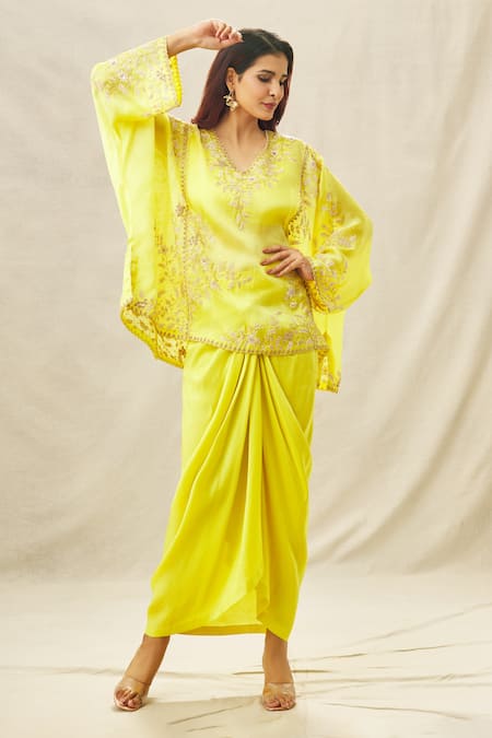 Shop_Anamika Khanna_Yellow Silk, Organza Zari, Beads Zardozi Embroidered Top And Draped Skirt Set_Online_at_Aza_Fashions