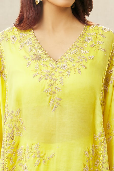 Anamika Khanna_Yellow Silk, Organza Zari, Beads Zardozi Embroidered Top And Draped Skirt Set_at_Aza_Fashions