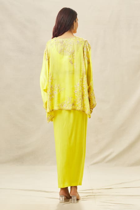 Shop_Anamika Khanna_Yellow Silk, Organza Zari, Beads Zardozi Embroidered Top And Draped Skirt Set_at_Aza_Fashions