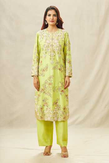 Anamika Khanna_Green Silk Pearls, Beads, Zari, Embroidery Asymmetric Kurta Set _Online_at_Aza_Fashions