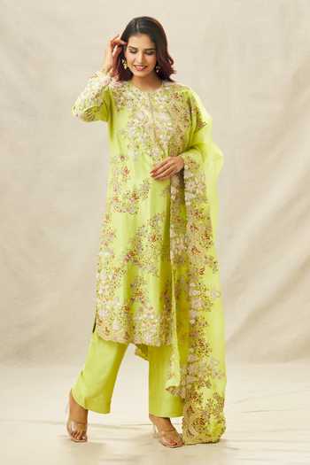 Buy_Anamika Khanna_Green Silk Pearls, Beads, Zari, Embroidery Asymmetric Kurta Set _Online_at_Aza_Fashions