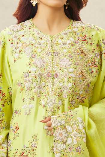 Shop_Anamika Khanna_Green Silk Pearls, Beads, Zari, Embroidery Asymmetric Kurta Set _Online_at_Aza_Fashions