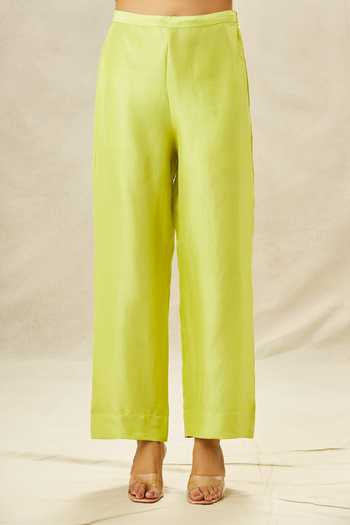 Anamika Khanna_Green Silk Pearls, Beads, Zari, Embroidery Asymmetric Kurta Set _at_Aza_Fashions