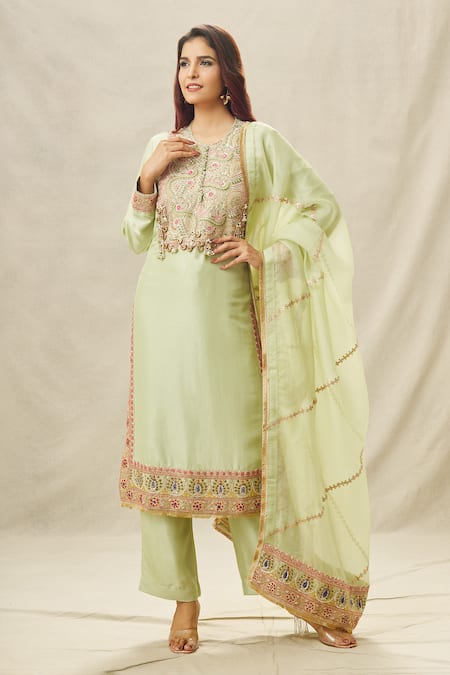 Buy_Anamika Khanna_Green Silk, Organza Pearls, Embroidery Round Neck Bodice Kurta Set _Online_at_Aza_Fashions