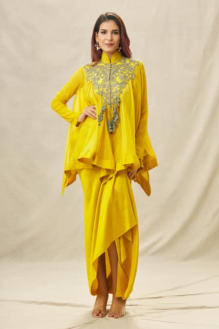 Anamika Khanna Yellow Organza Embroidery Thread Mandarin Collar Yoke Top And Draped Skirt Set 