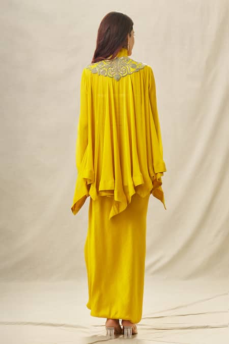 Shop_Anamika Khanna_Yellow Organza, Crepe, Chiffon Beads, Applique, Yoke Top And Draped Skirt Set_at_Aza_Fashions