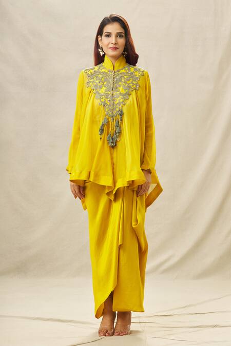 Anamika Khanna_Yellow Organza, Crepe, Chiffon Beads, Applique, Yoke Top And Draped Skirt Set_Online_at_Aza_Fashions