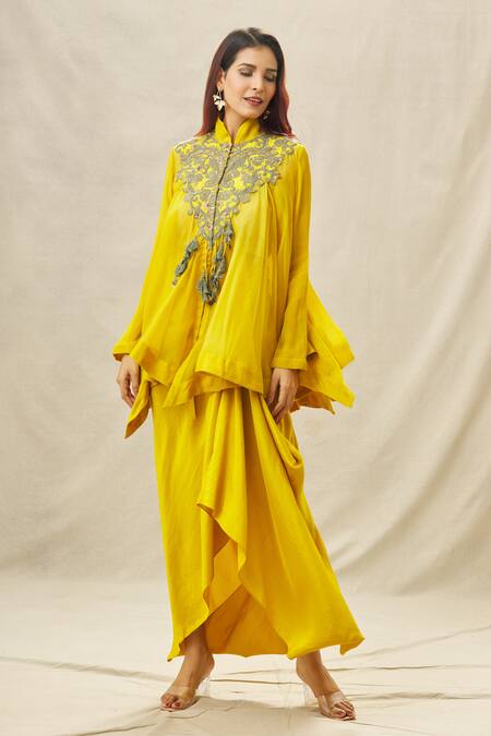 Buy_Anamika Khanna_Yellow Organza, Crepe, Chiffon Beads, Applique, Yoke Top And Draped Skirt Set_Online_at_Aza_Fashions