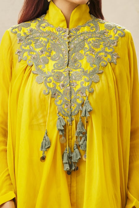 Shop_Anamika Khanna_Yellow Organza, Crepe, Chiffon Beads, Applique, Yoke Top And Draped Skirt Set_Online_at_Aza_Fashions