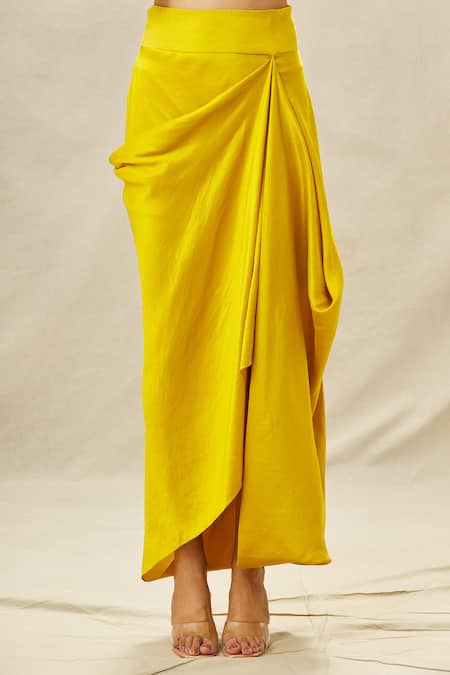 Anamika Khanna_Yellow Organza, Crepe, Chiffon Beads, Applique, Yoke Top And Draped Skirt Set_at_Aza_Fashions