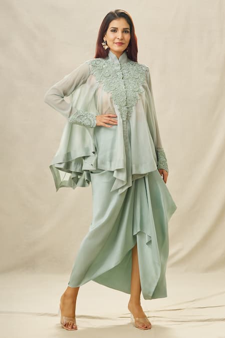 Anamika Khanna Yoke Embroidered Top & Draped Skirt Set 