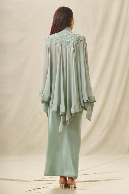 Shop_Anamika Khanna_Blue Silk, Organza, Chiffon Embroidery Mandarin Yoke Top And Draped Skirt Set_at_Aza_Fashions