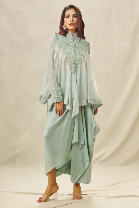 Anamika Khanna_Blue Silk, Organza, Chiffon Embroidery Mandarin Yoke Top And Draped Skirt Set_Online_at_Aza_Fashions