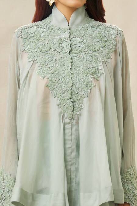 Buy_Anamika Khanna_Blue Silk, Organza, Chiffon Embroidery Mandarin Yoke Top And Draped Skirt Set_Online_at_Aza_Fashions