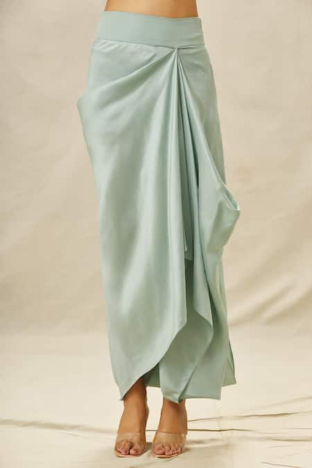 Shop_Anamika Khanna_Blue Silk, Organza, Chiffon Embroidery Mandarin Yoke Top And Draped Skirt Set_Online_at_Aza_Fashions