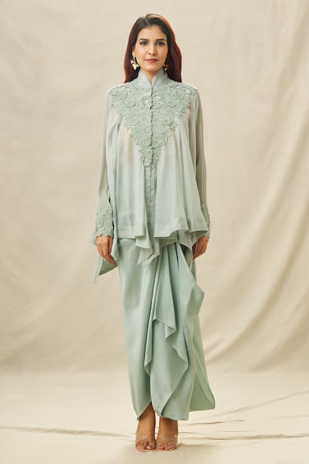 Anamika Khanna_Blue Silk, Organza, Chiffon Embroidery Mandarin Yoke Top And Draped Skirt Set_at_Aza_Fashions