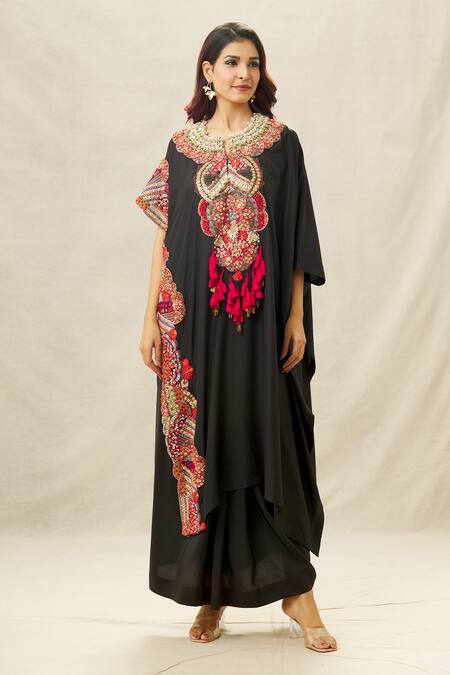 Anamika Khanna_Black Silk Pearls, Sequins, Beads Split Embroidered Kaftan And Draped Skirt Set_Online_at_Aza_Fashions