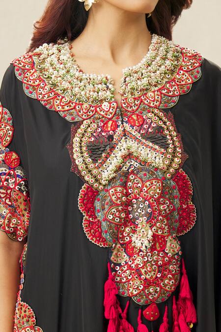 Buy_Anamika Khanna_Black Silk Pearls, Sequins, Beads Split Embroidered Kaftan And Draped Skirt Set_Online_at_Aza_Fashions