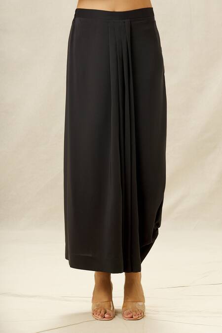 Shop_Anamika Khanna_Black Silk Pearls, Sequins, Beads Split Embroidered Kaftan And Draped Skirt Set_Online_at_Aza_Fashions