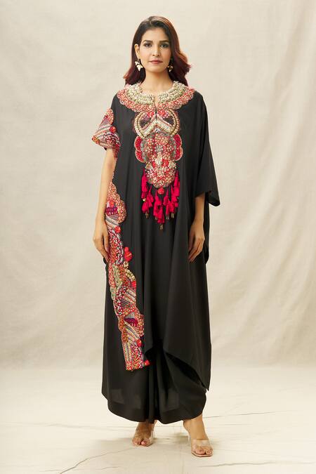 Anamika Khanna_Black Silk Pearls, Sequins, Beads Split Embroidered Kaftan And Draped Skirt Set_at_Aza_Fashions