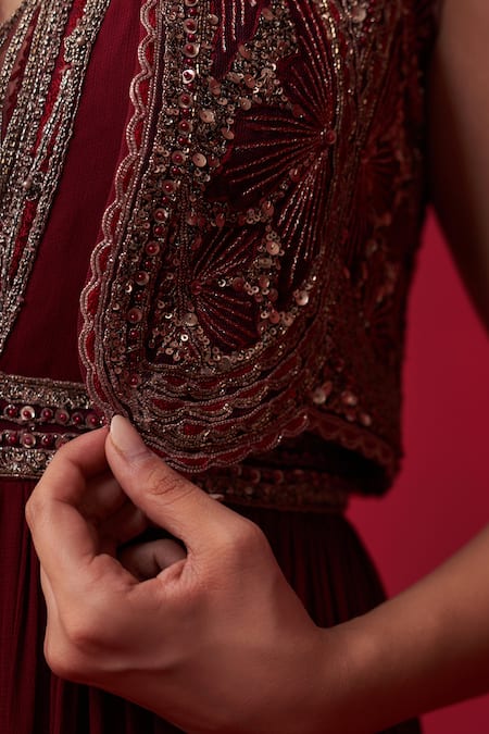Shop_Adaara Couture_Maroon Georgette, Silk Cut Work, Glitch Yoke Embroidered Jumpsuit With Jacket _Online_at_Aza_Fashions