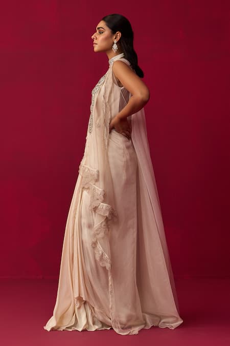 Shop Adaara Couture Ivory Organza, Silk Embroidery Sweetheart Neck Solid Dress With Border Cape at Aza Fashions Shop_Adaara Couture_Ivory Organza, Silk Embroidery Sweetheart Neck Solid Dress With Border Cape _at_Aza_Fashions