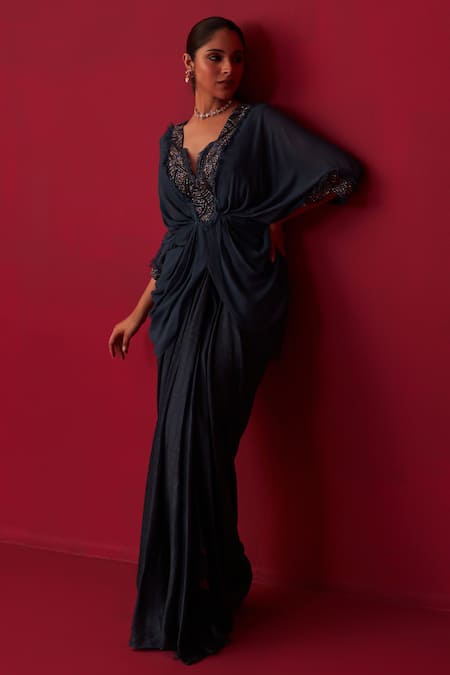 Shop Adaara Couture Blue Georgette, Silk Crystals, Sequins, Embroidered Draped Top And Skirt Set at Aza Fashions Shop_Adaara Couture_Blue Georgette, Silk Crystals, Sequins, Embroidered Draped Top And Skirt Set _at_Aza_Fashions