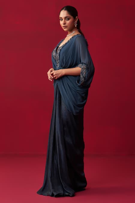 Buy Adaara Couture Blue Georgette, Silk Crystals, Sequins, Embroidered Draped Top And Skirt Set Online at Aza Fashions Buy_Adaara Couture_Blue Georgette, Silk Crystals, Sequins, Embroidered Draped Top And Skirt Set _Online_at_Aza_Fashions