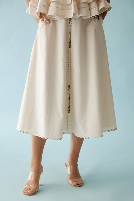 Nikasha_Cream Poplin Embroidery A-line Midi Skirt _Online_at_Aza_Fashions