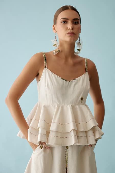 Nikasha_Cream Poplin Embroidery V-neck Cami Peplum Top _Online_at_Aza_Fashions