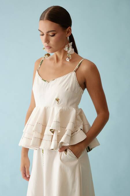 Buy_Nikasha_Cream Poplin Embroidery V-neck Cami Peplum Top _Online_at_Aza_Fashions