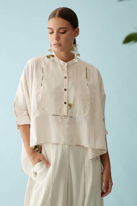 Buy_Nikasha_Cream Poplin Applique Collared Banana High Low Top _Online_at_Aza_Fashions