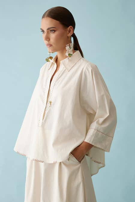Nikasha_Cream Poplin Embroidery Collared Banana Tree Applique Top _Online_at_Aza_Fashions