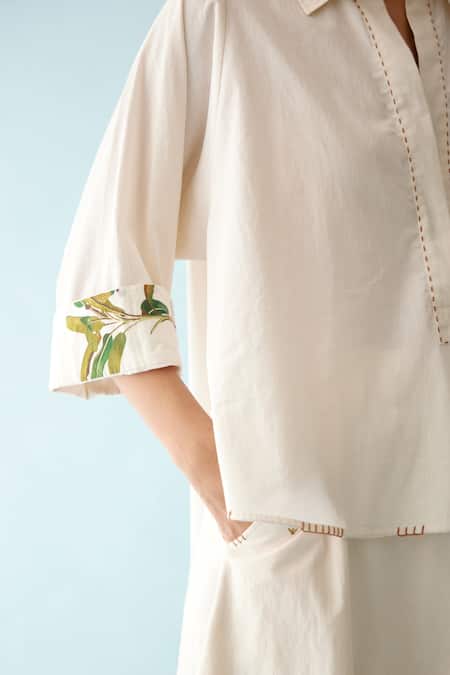 Buy_Nikasha_Cream Poplin Embroidery Collared Banana Tree Applique Top _Online_at_Aza_Fashions