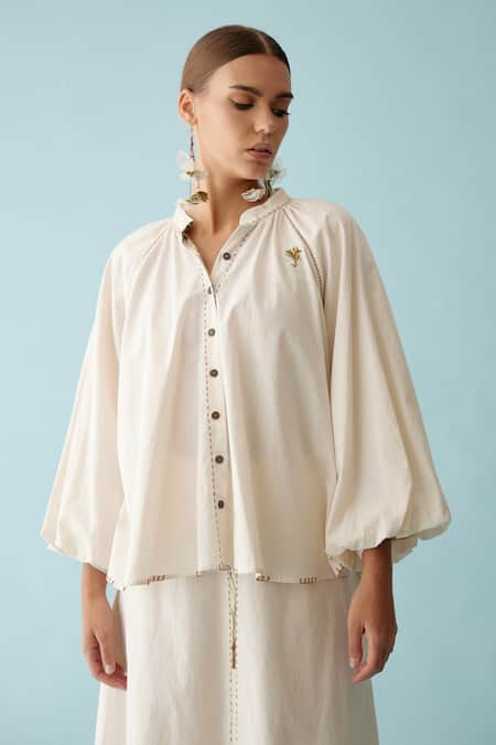 Nikasha_Cream Poplin Embroidery Collared Raglan Sleeve Shirt _Online_at_Aza_Fashions