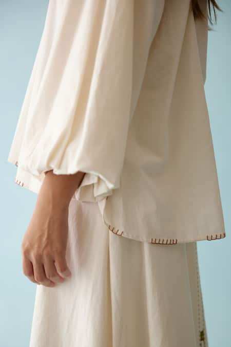 Buy_Nikasha_Cream Poplin Embroidery Collared Raglan Sleeve Shirt _Online_at_Aza_Fashions